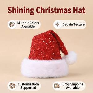 Chapeaux de Père Noël en polyester rouge à paillettes, doux, pour adultes, pour fêtes de Noël et spectacles de fin d'année (vente en gros) - Product Image 2