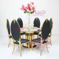 Ensemble de table à manger de luxe en or, moderne, avec plateau en verre miroir, chaises d'extérieur en acier inoxydable pour événements hôteliers et fêtes