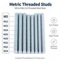 Metric Zinc Plated & Black Finish Fully Threaded Rod M5-M50 Steel Stud Bar