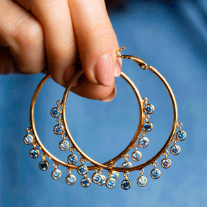 Boho Large Hoop Earrings for Women Aquamarine Blue Crystal Accent Fashion Daily Party Accessories - Product Image 1