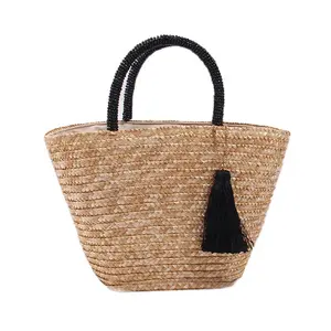 批发珠柄手工天然麦草篮子定制标志女士大手提包夏季沙滩旅行小麦草包