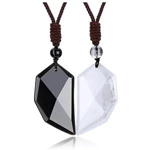 Colar de pedra de cristal obsidiana, colar com pedra preciosa que corresponde a coração branco turquesa preto