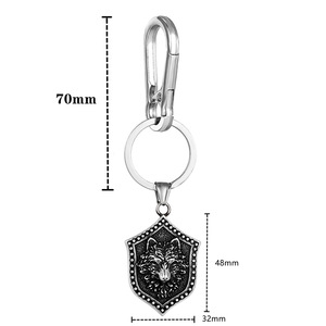 Wolf Head Stainless Steel Shield <b>Keychain</b> Metal Engraved Leather Strap Men's Keyring Gift Accessory - Product Image 2