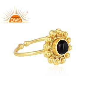 แหวนเงินแท้ 925 ชุบทอง ประดับพลอยแบล็คออนิกซ์ ดีไซน์ดอกไม้แบบชาติพันธุ์ ปรับขนาดได้ - Product Image 2