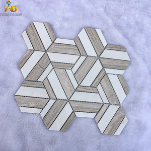Hexagon Geometric Marble Texture <strong>Mosaic</strong> <strong>Tiles</strong> - <strong>White</strong> &amp; Gray Strip Design for Kitchen Bathroom Backsplash Modern Wall Decor - Product Image 1