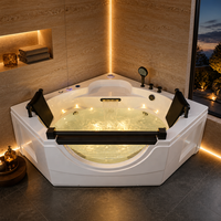 Baignoire Spa Autoportante en Acrylique Noire avec Accoudoirs Noirs, Robinet Noir, Massage d'Angle, 1500x1500x650mm, Deux Places, Écologique, pour Salle de Bain