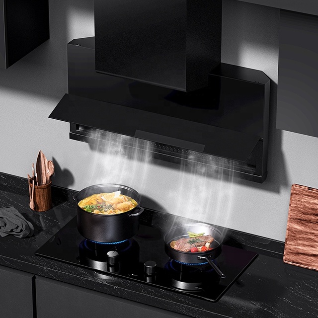 European Style Glass Chimney Kitchen Smoke Extractor Auto Opening Window Super Quiet Tempered Glass Range Hood