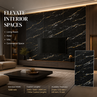 Panneau mural en PVC brillant imperméable aux UV MORLENX, marbre noir avec bordure dorée, pour les bureaux de direction et les murs décoratifs de salles de bain