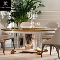 Luxuriöser Runder Marmor-Esstisch mit Drehbarem Lazy Susan, Kristallbeinen und Goldverzierung, Hochwertiger Maßgefertigter Villa-Esstisch