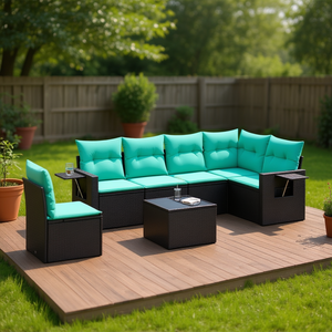 Ensemble de canapés de patio en polyrotin noir moderne avec coussins, 7 places, mobilier d'extérieur au design contemporain - Product Image 2