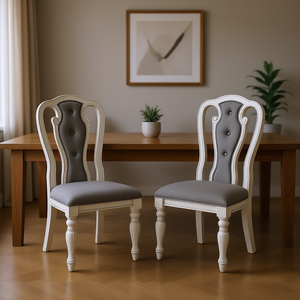 เก้าอี้ทานอาหารสีขาวโบราณ หุ้มเบาะสีเทา ดีไซน์แบบติดกระดุม พร้อมเบาะพิงหลังแบบพิเศษ ขาไม้ สำหรับห้องรับประทานอาหาร - Product Image 2