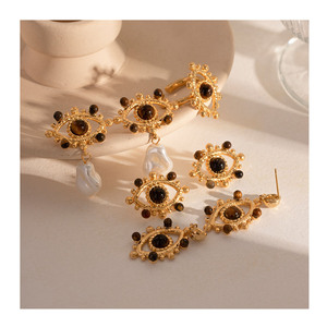 XIXI Pendentif en perles d'œil de tigre plaqué or 18 carats sans ternissement, boucles d'oreilles pour femmes, anneaux réglables en acier inoxydable, bijoux de mode - Product Image 1