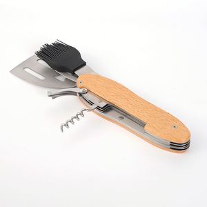 Outil de camping et de grillade suisse pliable 4-en-1 personnalisé, NOUVEAU, faible MOQ, avec spatule, brosse, fourchette et tire-bouchon - Product Image 4