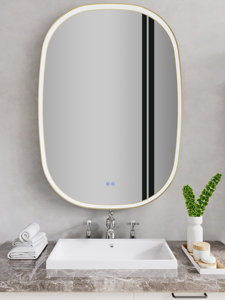 Miroir LED encadré en métal doré arrondi avec interrupteur tactile réglable et anti-buée, design moderne, indice de protection IP44 - Product Image 1