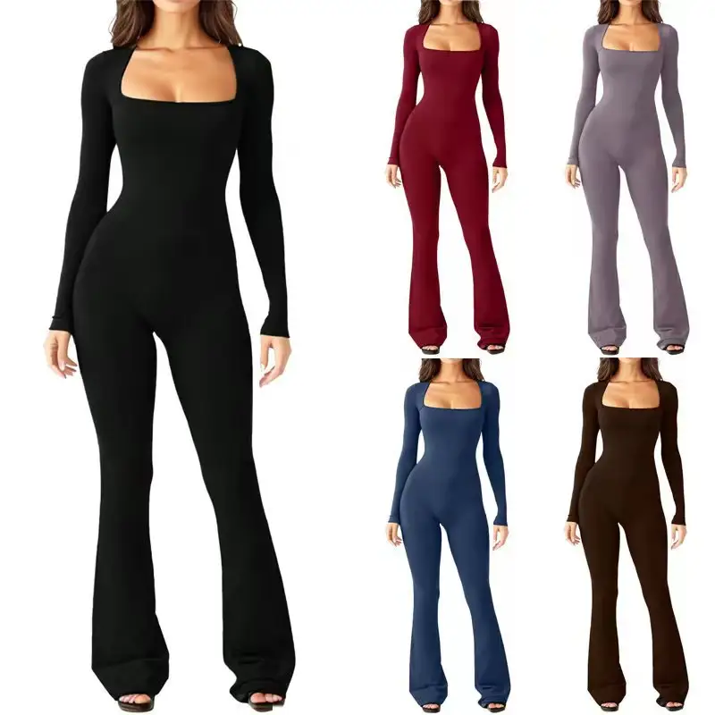 2024 New Popular Women Wide Leg Yoga Bodysuit Outfit One Piece Gym Fitness Seamless Sport Long Sleeve Plus Size Jumpsuit