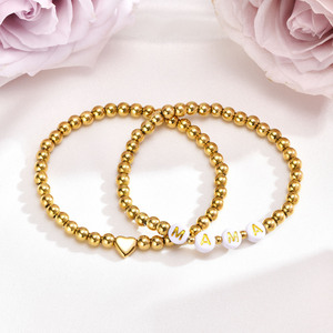 18K Gold Stainless Steel Bead Heart Charm Acrylic MAMA Flat Bead Two-Piece Bracelet <b>Set</b> Trendy Women Fashion Gift - Product Image 3