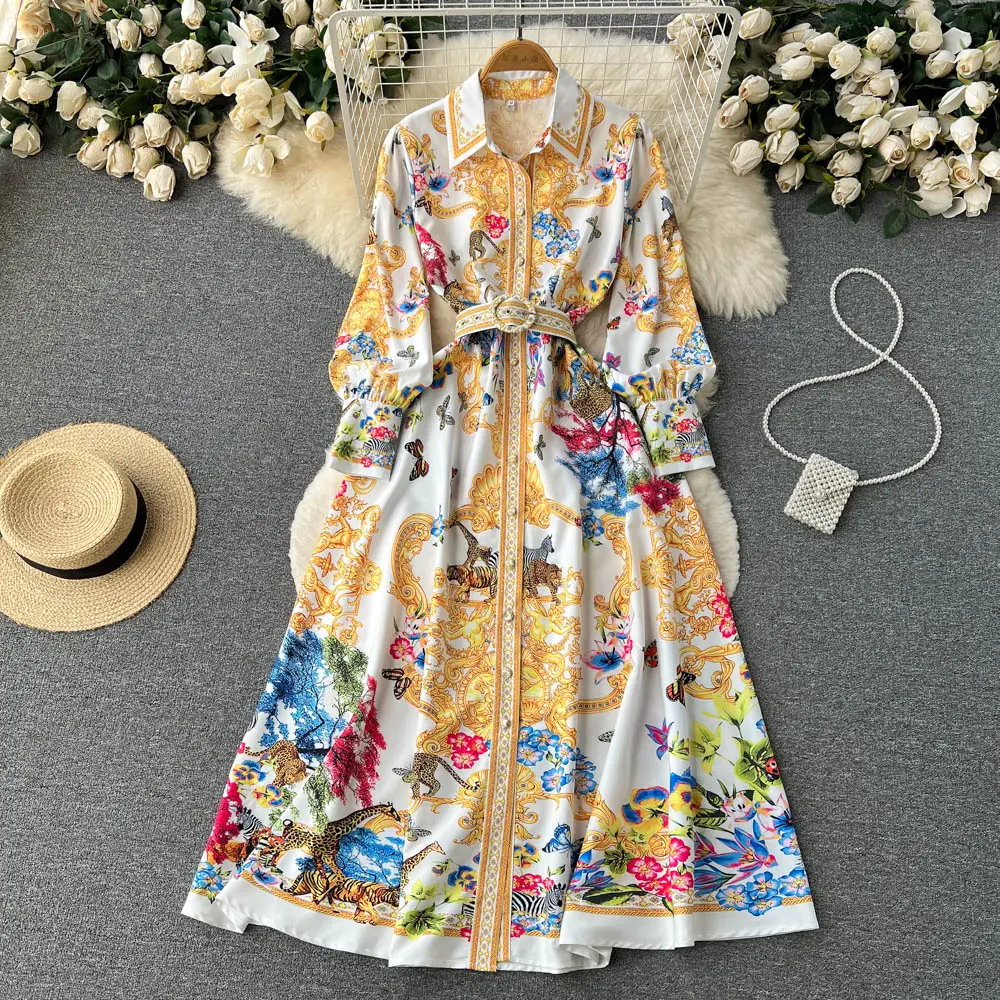 Court Style Print Dress Women's Autumn 2022 New Premium Collar Waist Loose Long Swing Dress