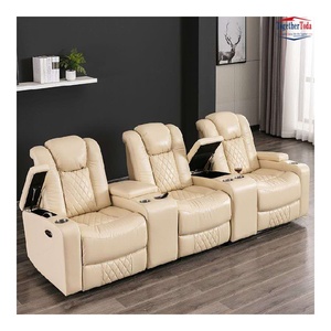 Ensemble de canapés de cinéma maison en cuir de style européen, 3 places, inclinables, avec revêtement en cuir de vachette et rembourrage en éponge pour espaces de vie de luxe - Product Image 1