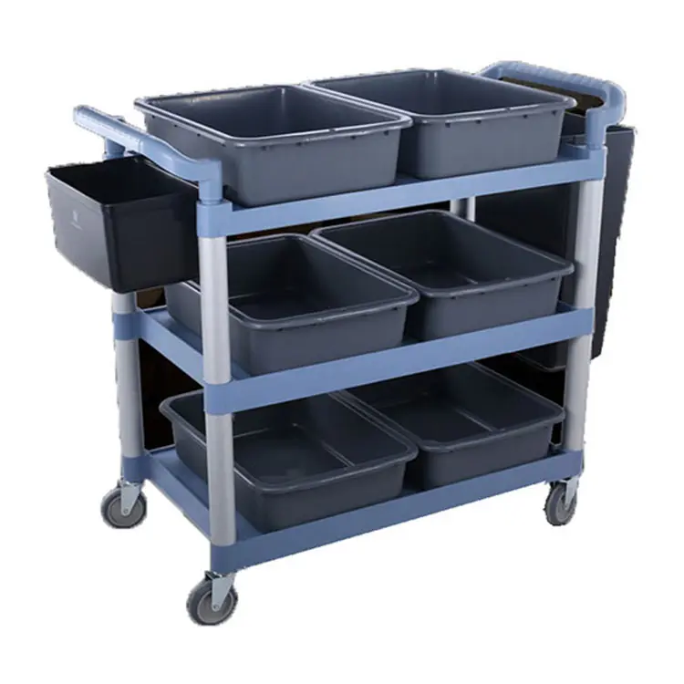 Plastic 3 shelf Push Rolling Mobile Tool Service Utility storage Cart trolley for Warehouse kitchen and hospital