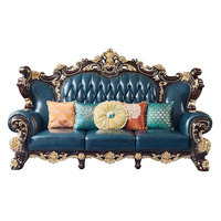 Set Sofa Kulit Full-Grain Gaya Eropa Rangka Kayu Solid Detail Ukiran Dua Sisi Isian Spons Kepadatan Tinggi Ruang Tamu