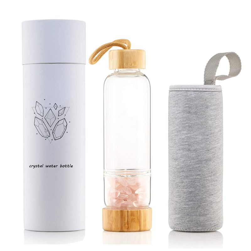 Natural Crystal Infused Glass Water Bottle  Bamboo Lid Gemstone Water Bottle with crystal inside