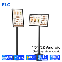 Layar Kios Android Komersial Touchscreen 10 Titik NFC PoE WiFi 6 4GB 64GB dengan Stand Lantai untuk Pemesanan di Toko Minuman
