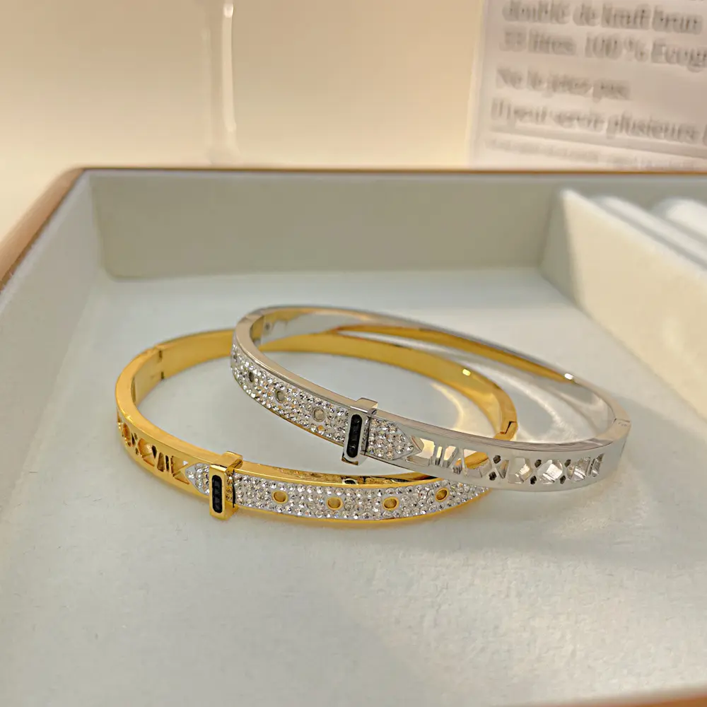 Roman Numeral Gold Plated High Quality Zircon Stainless Steel Bangle Bracelets for women
