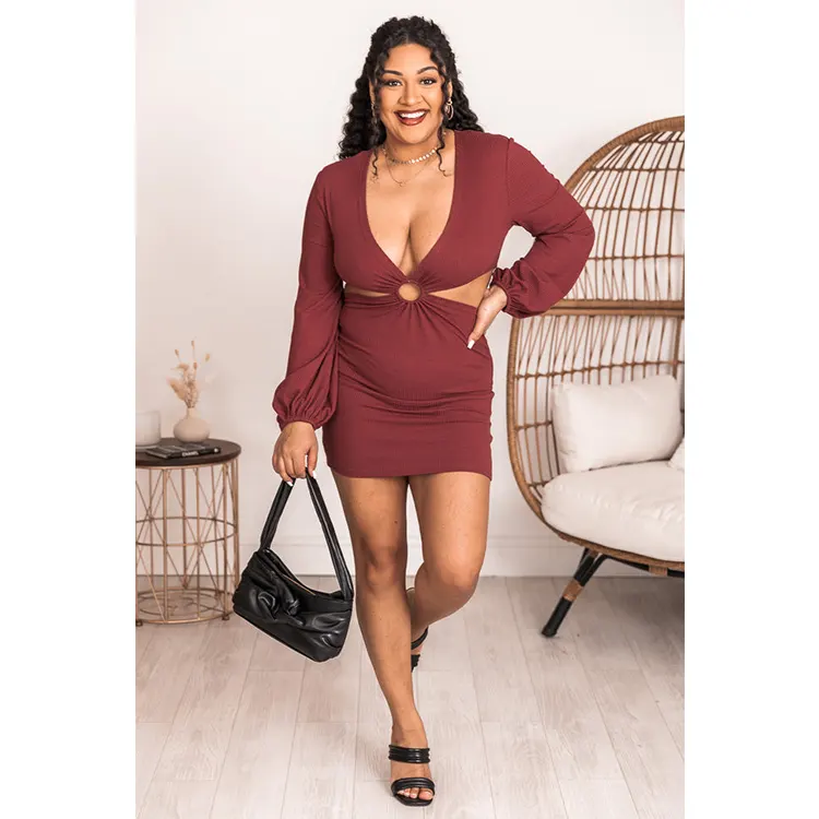 Kunden spezifische burgunder farbene Plus Size Damen kurze Kleider Ballon ärmel tailliert Stil ungefüttert V-Ausschnitt Mini Sommer sexy Kleid