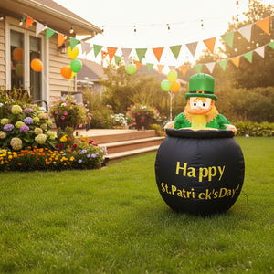 ของตกแต่งกลางแจ้งวันเซนต์แพทริกแบบเป่าลมขนาด 4 ฟุต ตุ๊กตาเลพรีคอนเป่าลมถือแก้วเบียร์พร้อมหม้อทองคำ ไฟ LED ในตัว - Product Image 1