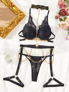 Ensemble 3 pièces de lingerie sexy pour femme : porte-jarretelles, string dos nu et dentelle à chaîne métallique, nouveau design tendance, vente en gros - Product Image 6