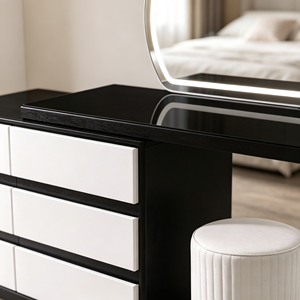 Coiffeuse moderne noire et blanche avec miroir LED rond, meuble de rangement et tabouret pour chambre à coucher - Product Image 4