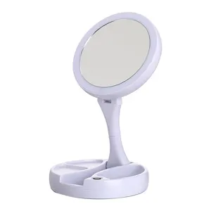 free samples modern pocket design foldable mini length tabletop stand mirror with led light and storage box for traveling