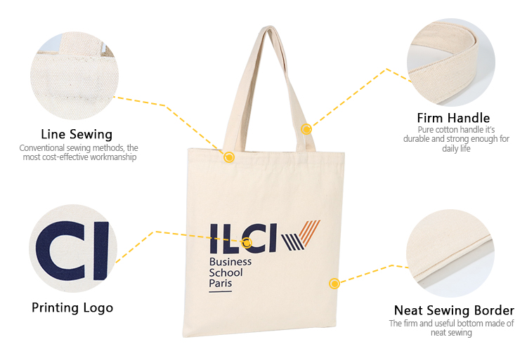 Natural recycled custom printing Canvas cotton school tote bag with handle