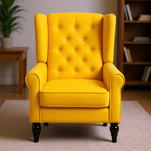 เก้าอี้พักผ่อนทรงวิงแบ็คสีเหลือง ตกแต่งกระดุม พร้อมที่วางแขนทรงกลม ขาไม้ สำหรับห้องนั่งเล่น เฟอร์นิเจอร์บ้านสไตล์โมเดิร์น - Product Image 2
