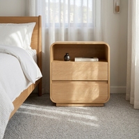 Mesa de Noche Moderna Curva de Madera con Estación de Carga y 2 Cajones de Almacenamiento, Mesa Auxiliar para Dormitorio, Muebles de Sala de Estar