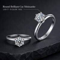 Bague de mariage en argent S925 avec moissanite blanche ronde taille brillant 1 carat D VVS1, sertie 6 griffes sur bande unie