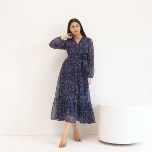 Robe midi en mousseline de soie à imprimé floral romantique, col en V, manches longues, coupe ample, taille naturelle, style décontracté printanier - Product Image 1