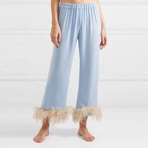 Moda cómoda manga larga cintura elástica pluma strimmed cielo azul pijama conjuntos mujer ropa de dormir - Product Image 5