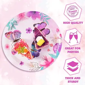 New Design Custom Butterfly Paper Plate Tableware Kit Pink Disposable Plate For Girl Birthday Party Decoration Dishes