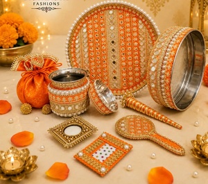 FASHIONS Handmade Orange KARWACHAUT Brocade Thali Set with Mirror Candle Holder <b>Lota</b> High Quality Hot Selling Indoor Bridal Gift - Product Image 1