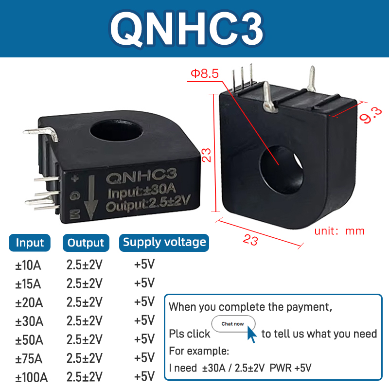 QNHC3  ±10A ±15A ±20A ±30A ±50A ±100A / 2.5±2V  PWR +5V