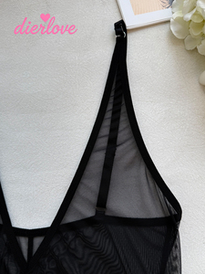 Dierlove Body de malla ultra transparente negro con cuello redondo, tirantes finos y corte alto, lencería transparente para mujer - Product Image 5