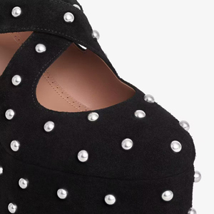 Sandales à plateforme épaisse cloutées en métal pour femmes, talons compensés hauts en daim, bout rond rétro, avec brides à boucles - Product Image 5