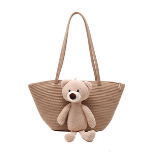 Sac fourre-tout tissé avec décoration ours en peluche, grande capacité, coton et lin, pour le quotidien printemps-été - Product Image 5