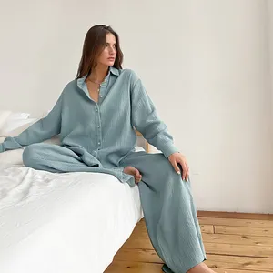 Otoño doble capa gasa camisa suelta pantalones dos piezas pijamas de mujer conjunto de ropa de casa