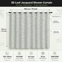 Rideau de douche Air Layer extensible dans 4 directions, motif feuille, 183x183cm, 140GSM, 10 œillets, tissu texturé, décoration de salle de bain