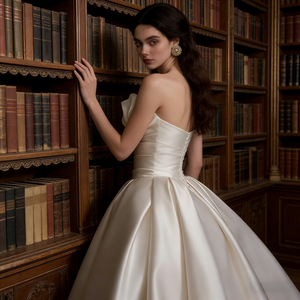 Abiti <span class=keywords><strong>da</strong></span> sposa senza spalline per spose <span class=keywords><strong>taglie</strong></span> forti, linea ad A, con fiocco, vita naturale, in raso nuziale, stile francese, design elegante e semplice, con corpetto a bustino - Product Image 2
