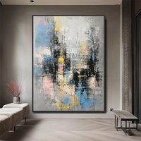 Peinture abstraite urbaine faite à la main sur toile, gris, blanc, bleu, bâtiments verticaux, texture épaisse, art mural pour la décoration de salon de luxe