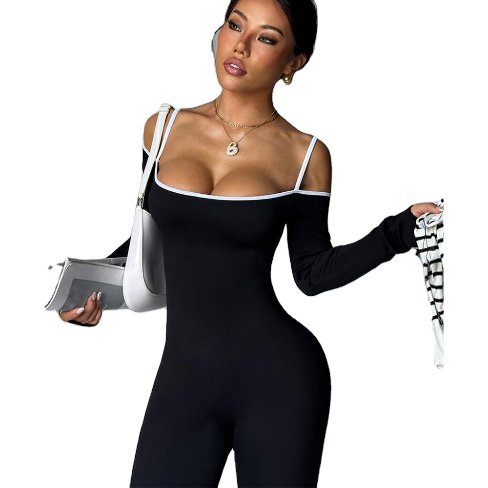 Women Streetwear Contrast Color Seamless Stitches Quick Dry Cross Strap Butt Scrunch Workout Gym One Piece Yoga Jumpsuit