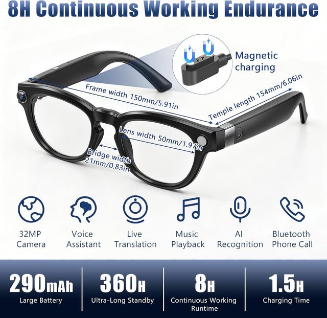 Upgraded AI Smart Glasses,8MP Camera,1080P HD Video&Audio Recording,Real-Time Translation,Wearable Video Glasses,Carbon Black